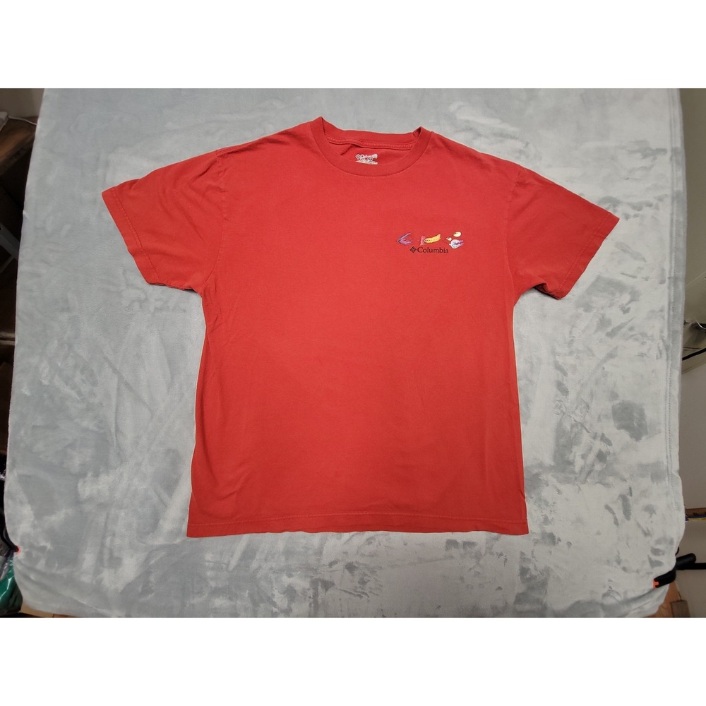Columbia Shirt Mens Large Red Periodic Table Of Fish Lures & Flies Graphic Tee